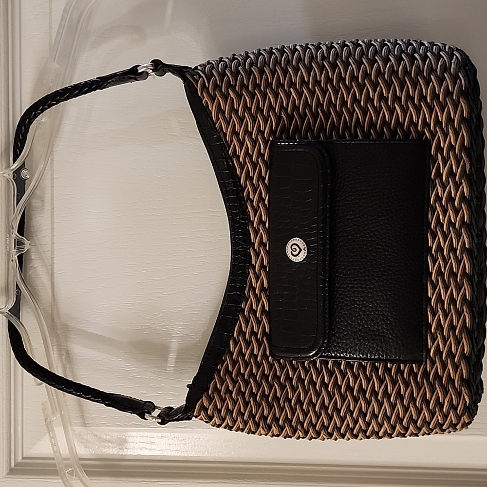 BRIGHTON Edna Black & Tan Woven Handbag with Black Leather Trim